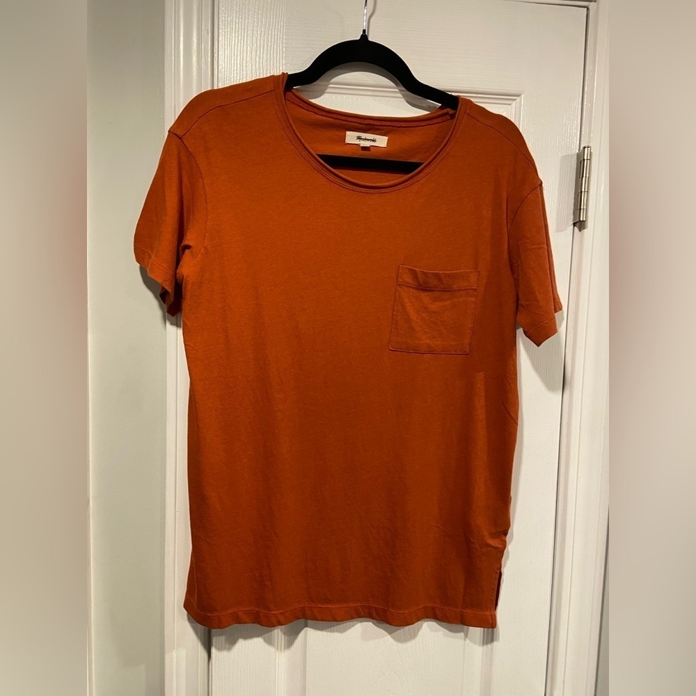 NWOT Madewell Size XXS Burnt Orange Short Sleeve Crew Split Hem Pocket Tee Shirt
